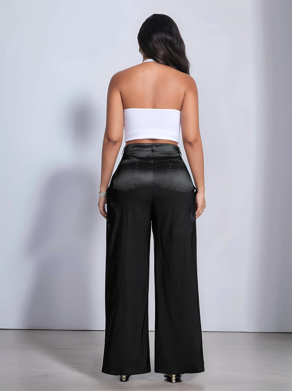 Wide Leg Cargo Pants for Women High Waist Shiny Trousers with Pockets - Image 6