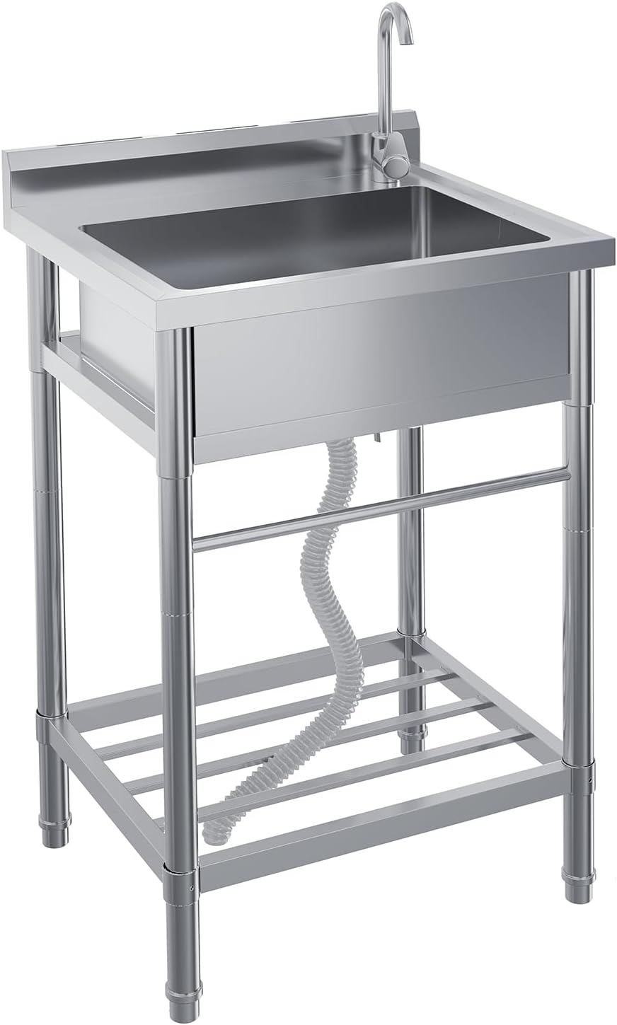 Stainless Steel Utility Sink, 24" x 20" x 41" Free Standing Single Bowl Sink with Faucet, Legs, Cold and Hot Water Pipe for Laundry, Kitchen, Garage, Outdoor, Garden, Heavy-Duty, Easy to Clean