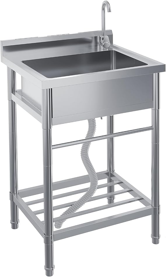 Stainless Steel Utility Sink, 24 x 20 x 41 Free Standing Single Bowl Sink with Faucet, Legs, Cold and Hot Water Pipe for Laundry, Kitchen, Garage, Outdoor, Garden, Heavy-Duty, Easy to Clean