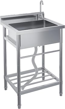 Stainless Steel Utility Sink, 24 x 20 x 41 Free Standing Single Bowl Sink with Faucet, Legs, Cold and Hot Water Pipe for Laundry, Kitchen, Garage, Outdoor, Garden, Heavy-Duty, Easy to Clean