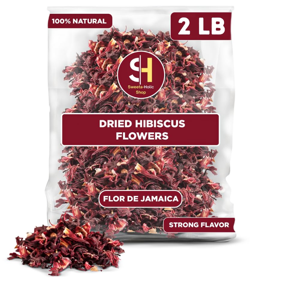 Flores secas de hibisco de 2 libras, 100% natural, té de hierbas, cortadas y tamizadas, sin gluten, sin OMG, sabor fuerte, té de hojas sueltas para