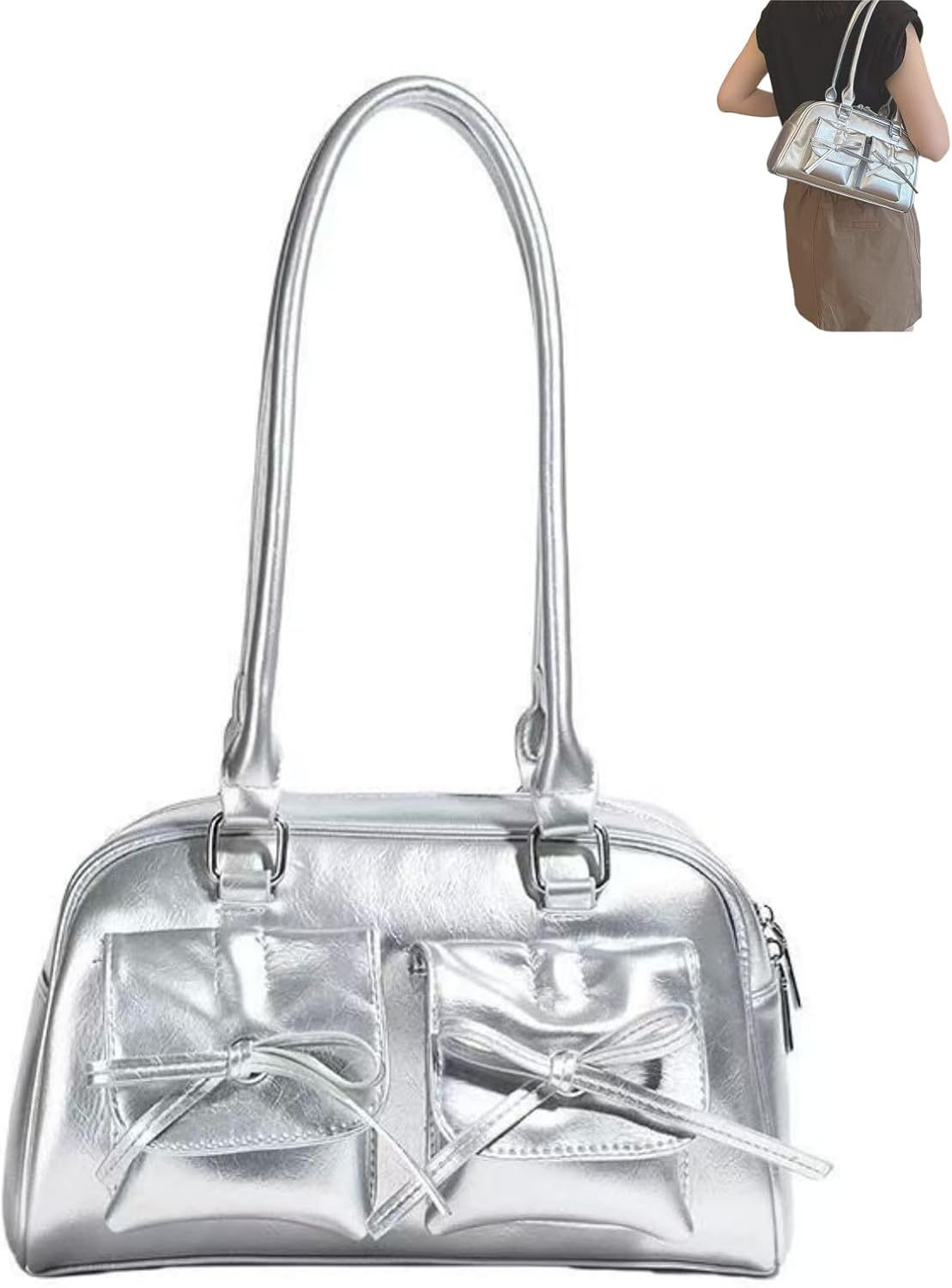 Y2K Womens Handbag, PU Leather, Bowknot, Cute, Shoulder Bag, Lightweight, Stylish, Shoulder Bag, Wallet, For School Commutes, Silver