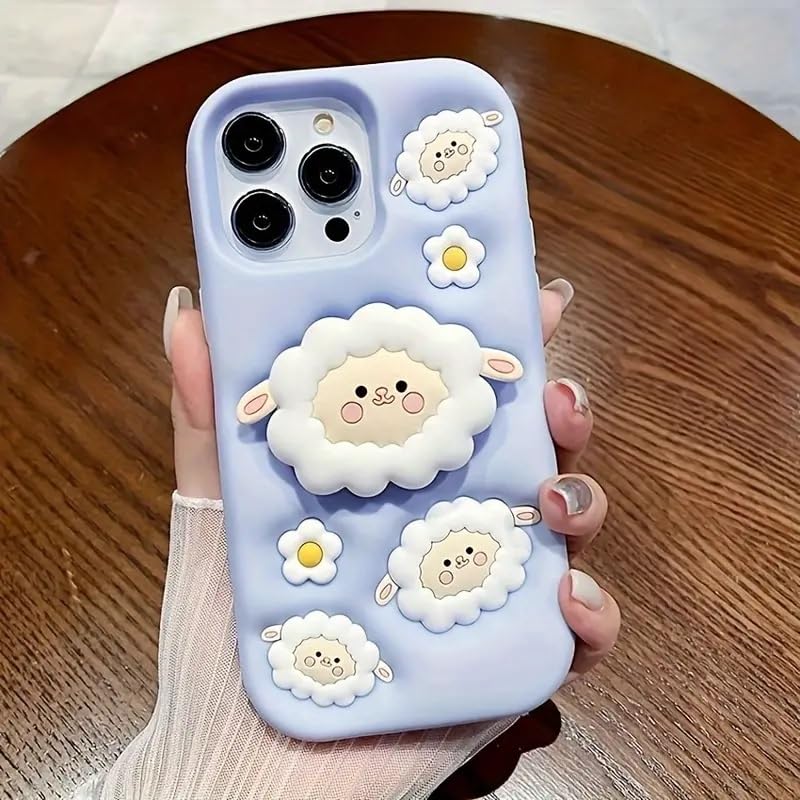 Image of COVERLY for iPhone 15 3D Cartoon Sheep Flock Case,Full Protective Funda Cotton Candy Cloud Pop Back Case with Holder Cute Soft Silicone Stylish Fashion Fun Aesthetic Cover for Apple iPhone 15