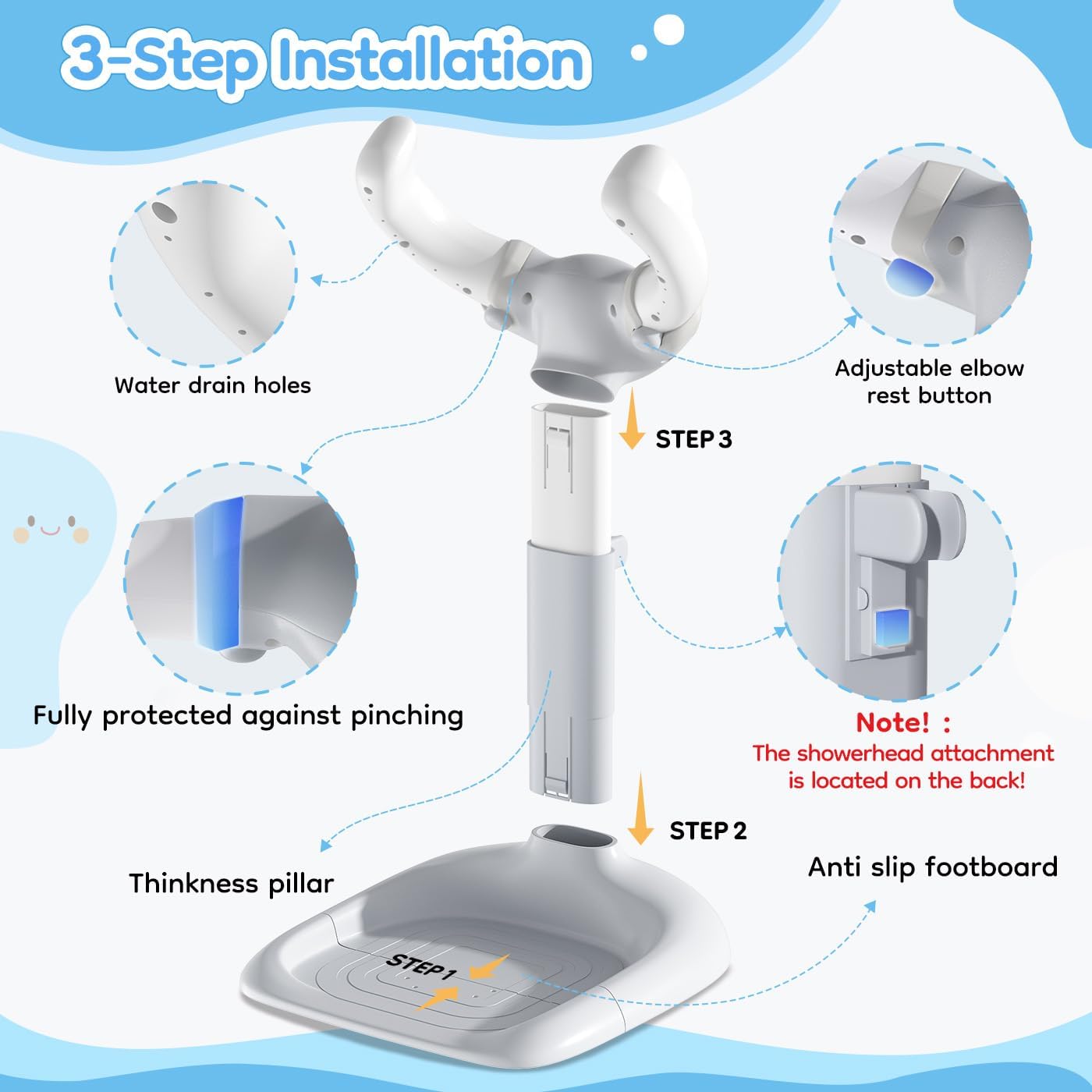 Upgraded Shower Stand with Anti-Pinch Silicone & Anti-Slip Base, Adjustable Height Bath Standing Support, Soporte para Bañera de Assist Holder, Ideal Gift, Gray
