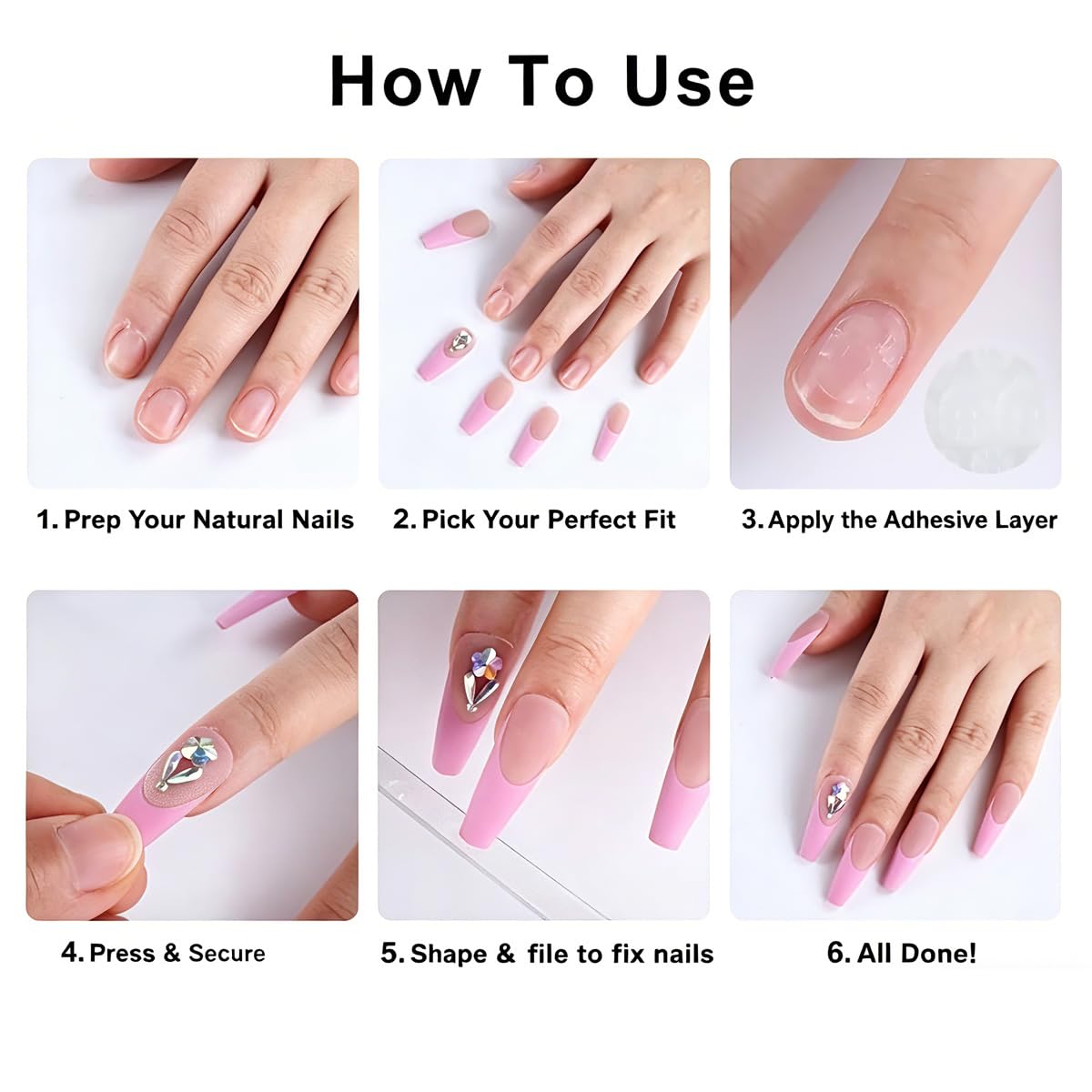 24 Press On Nails - French Tip, Flowers & Glitter -6 24 Press On Nails - French Tip, Flowers & Glitter -6