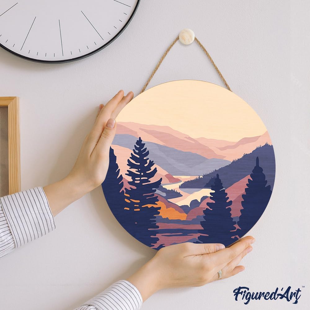Figured'Art Paint by Numbers Kit for Adults on Wood Slice, 11.8in Diameter - Autumn Valley - Craft Art Painting DIY Canvas