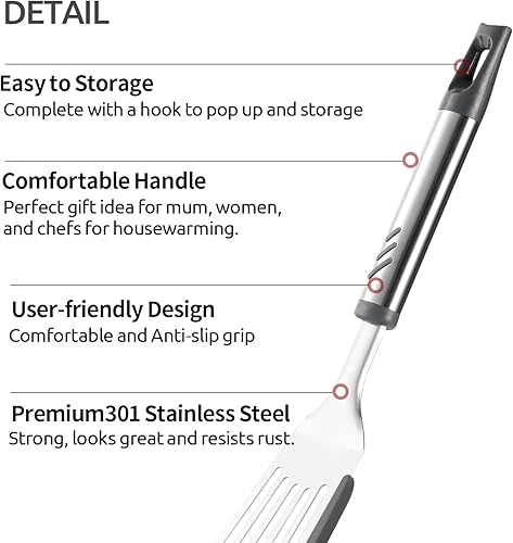 Miniatura 3 de Lebabo Espátula de pescado ranurada de 12.6 pulgadas con borde de silicona, girador de pescado de acero inoxidable para uso en cocina, apto para