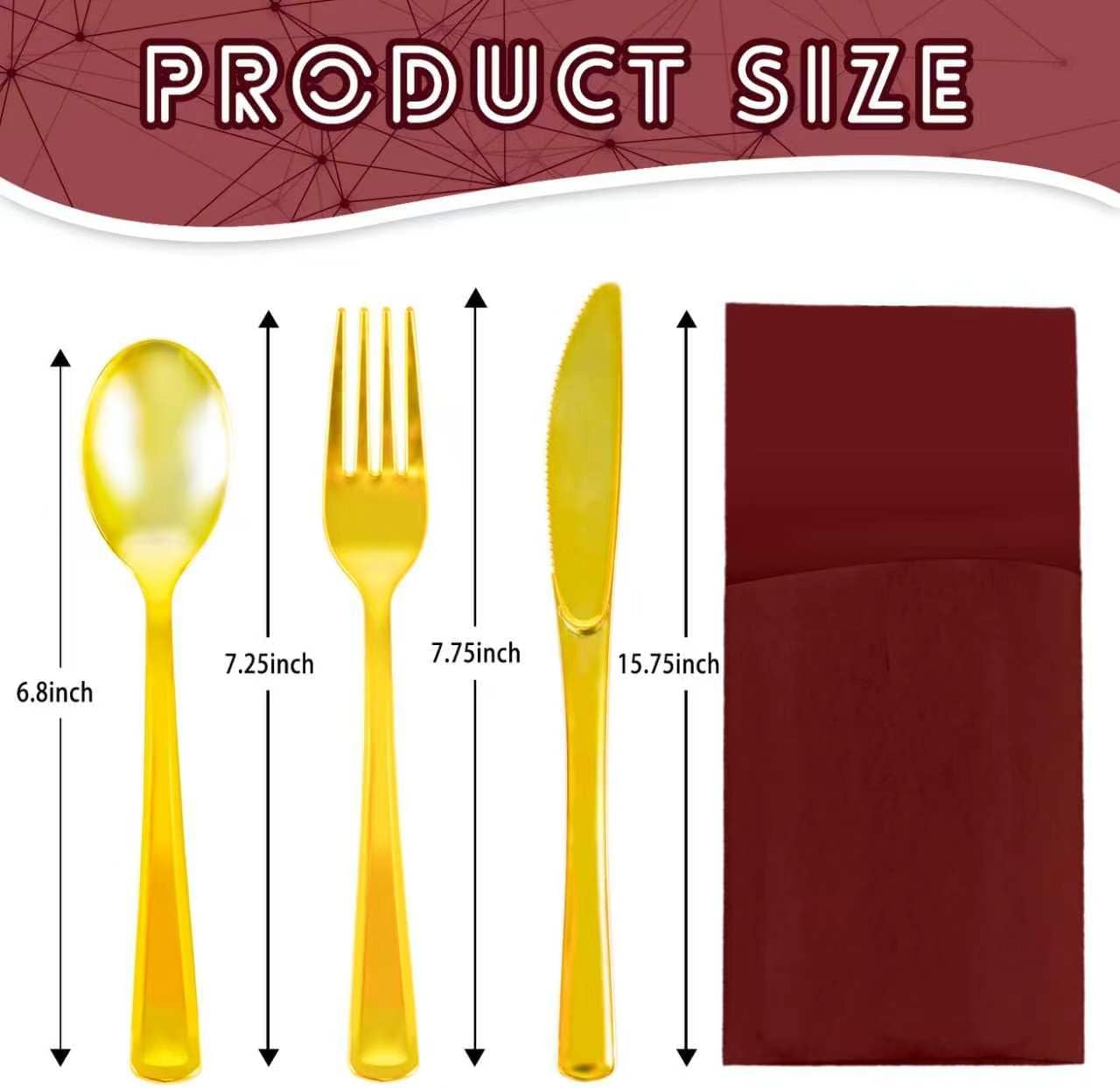Disposable Burgundy Linen-Feel Dinner Napkins with Built-in Flatware Pocket, 25 Sets Pre-folded Paper Napkins and Knife Fork Spoon, All-in-One Place Setting for Party, Picnic, Wedding (Burgundy)