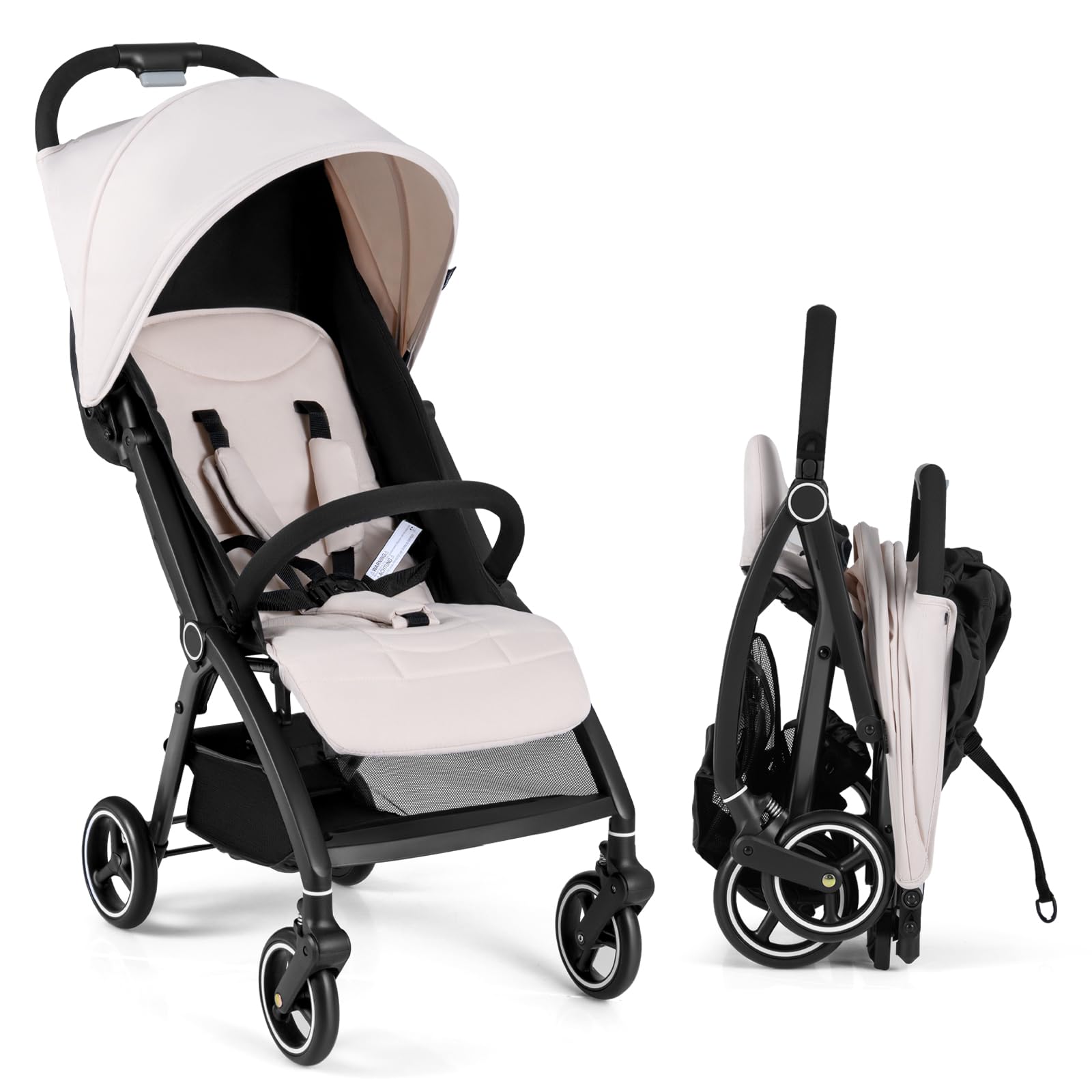 Maxmass Baby Stroller, Foldable Infant Pushchair with Adjustable Backrest & Canopy, 5-Point Harness, Storage Basket and Calf Support, Toddler Travel Buggy for 0-3 Years Old (Beige)