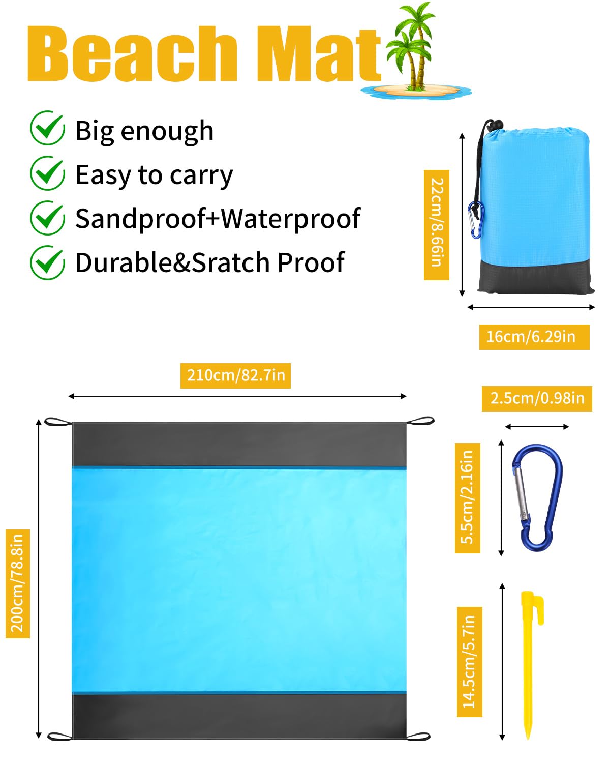 210x200cm Tapis de Plage Imperméable,Anti Sable Tapis Imperméable,Couverture de Plage Large Anti Sable,Compact Natte de Plage,avec 4 Piquets de Plage pour Plage,Camping,Picnic,Voyage(Bleu Gris)