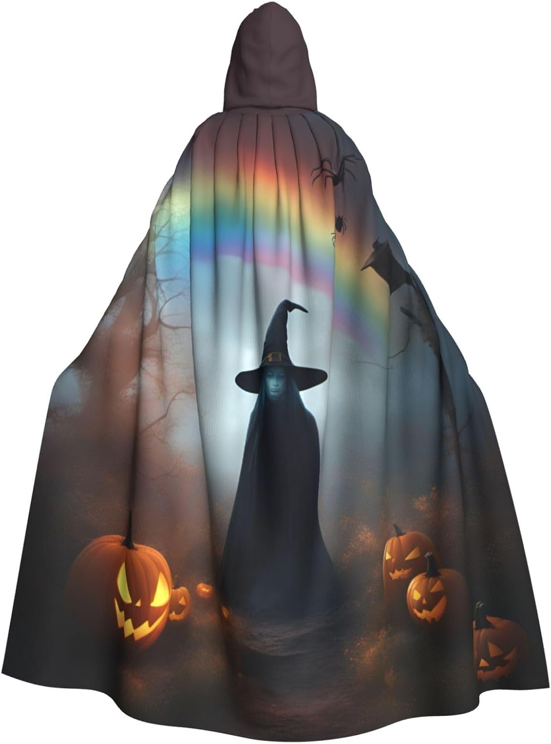 Rainbow Halloween Ghost Witch Hat Spiders Print Hooded Cloak For Adults Hooded Cape For Halloween Cosplay Parties Masquerades