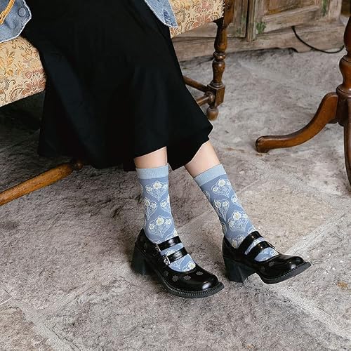 Forjmmp Vintage Embroidered Floral Socks For Women Combed Cotton Crew Socks (5 Pairs-Blue) #TOP5