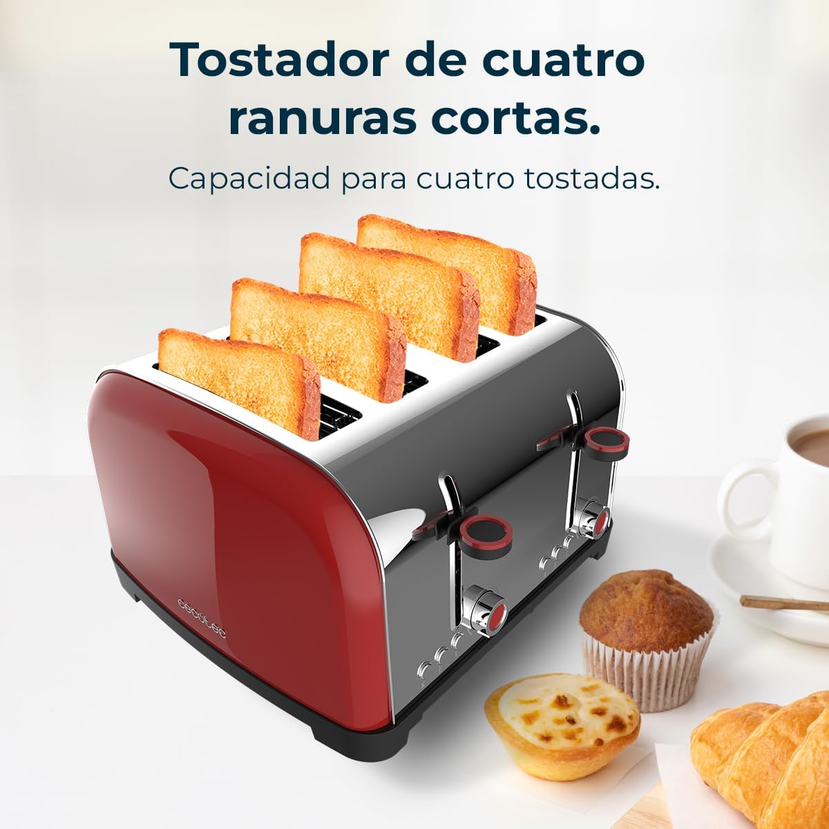 Cecotec Tostapane verticale Toastin' time 1700 Double Red, 1700W, Doppia fessura corta e larga 3,8 cm, Barre superiori, Acciaio Inoss, Spegnimento e Pop-up Automatico, Raccogli-briciole 4 Fessura corti + Stecche Red - Immagine 4