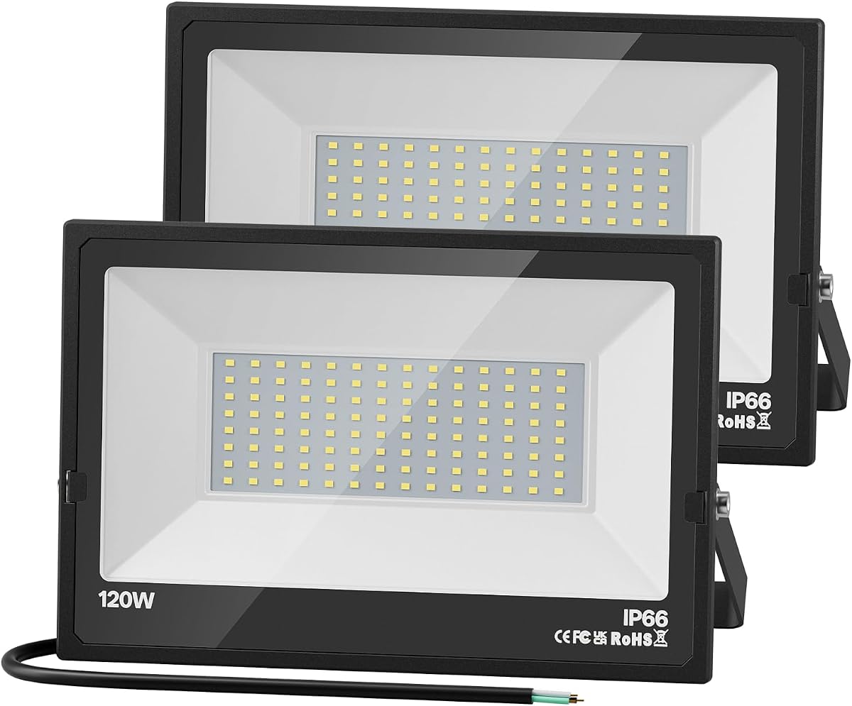 120W Flood Lights Outdoor Hardwired Security Light IP66 Waterproof 6000K | USTELLAR 2Pack Daylight White Bright 240W Equiv. 24000LM Security Light Outside Lamp Exterior Floodlight for Backyard House