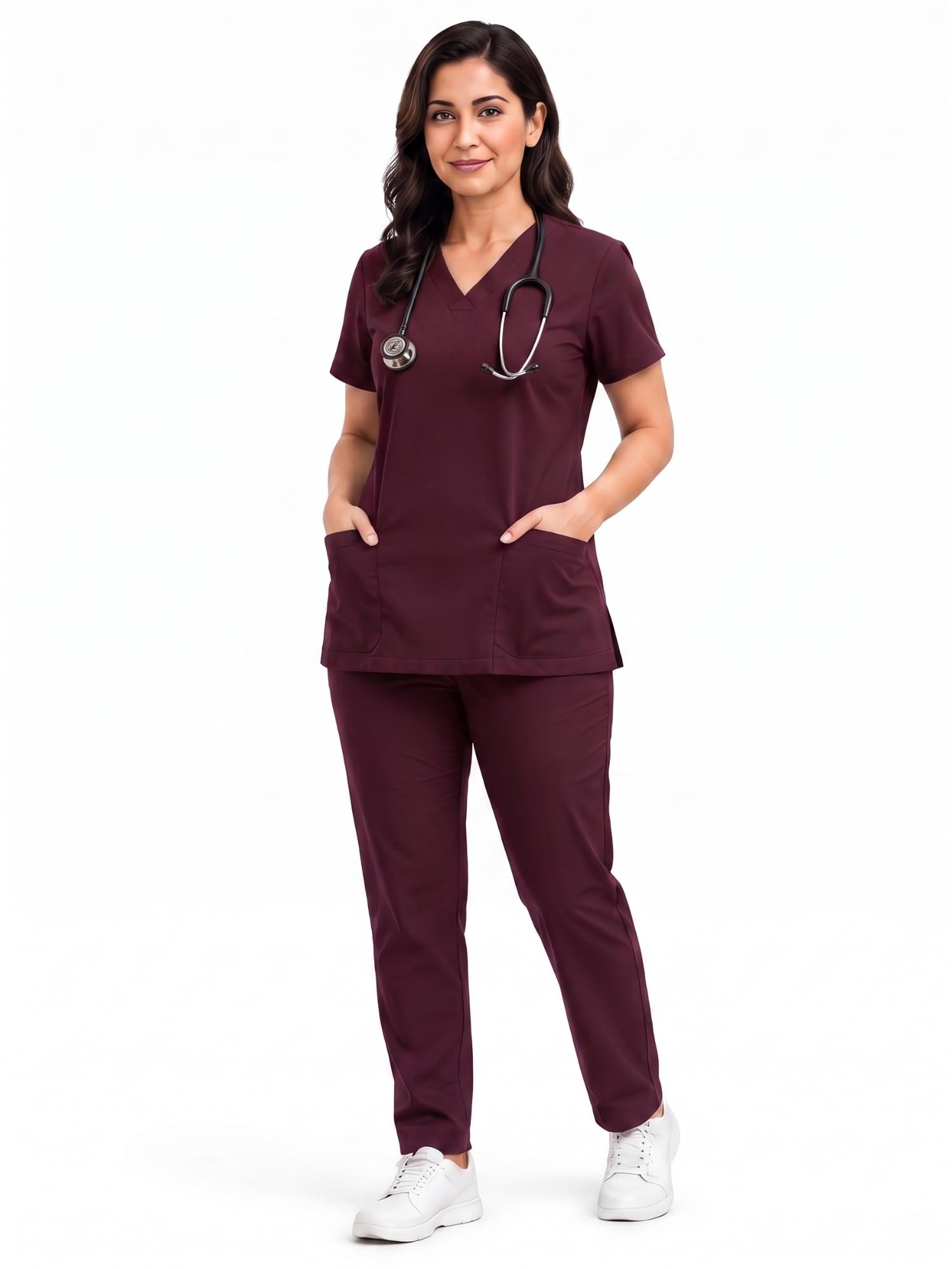 Mafatlal Antimicrobial Stretch Fabric 4 Pocket Women Scrubs suit - S | Regular Fit | V Neck | Durable & Odour Resistant Medical Uniform | Soft & Easy Care Fabric| Wine-image-23