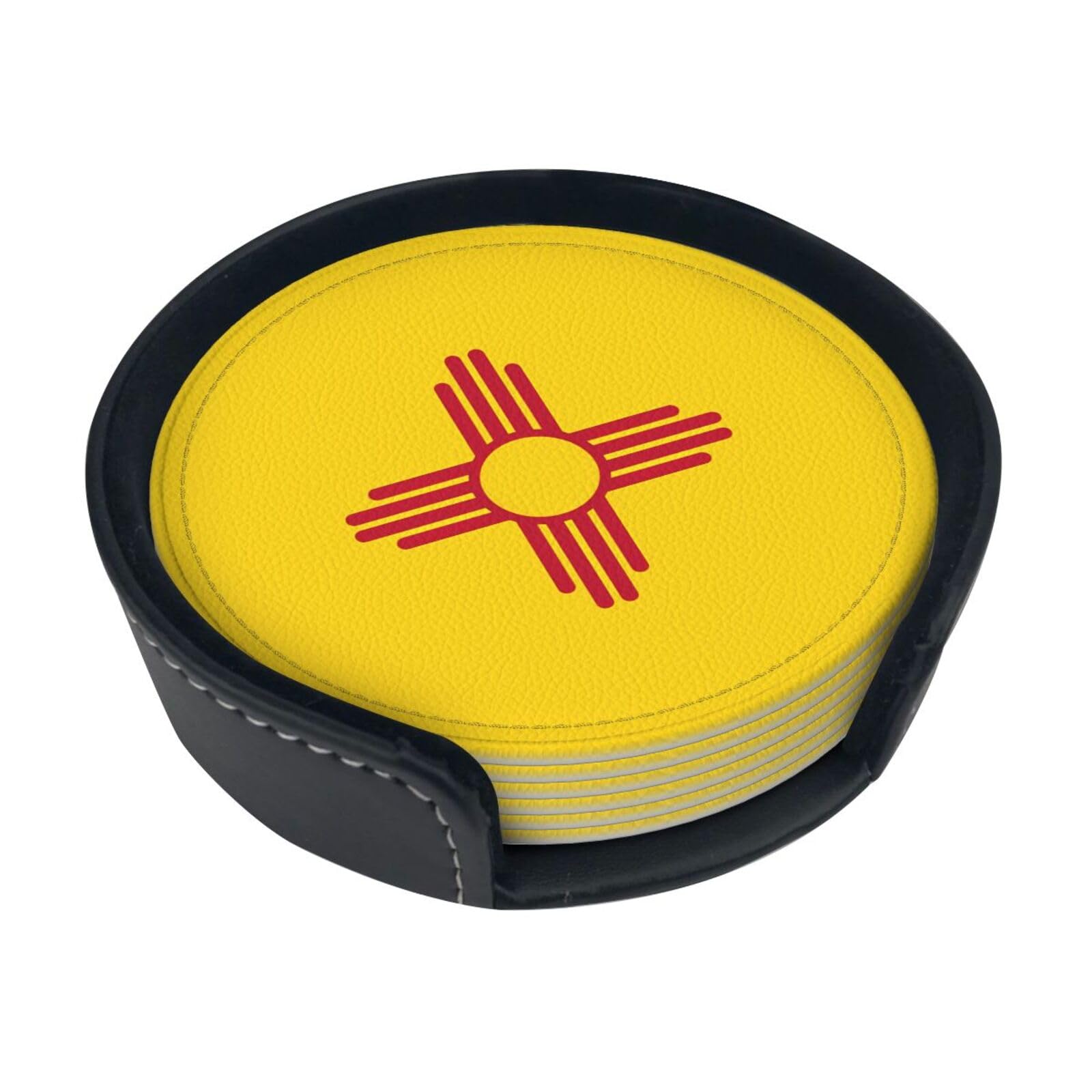 Cntdbu White Flag Of New Mexico Leather Coasters Set Of 6-Pu Leather Drink Mats For Table, Heat Resistant Round Coasters With Holder