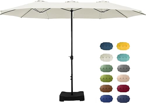GREEN PARTY 15 ft Rectangular Patio Umbrella with Base Included, Large Double-Sided Outdoor Table Umbrella with Crank, 1.9" Pole UPF 50+ UV Resistant for Pool Deck Backyard Garden, Ivory
