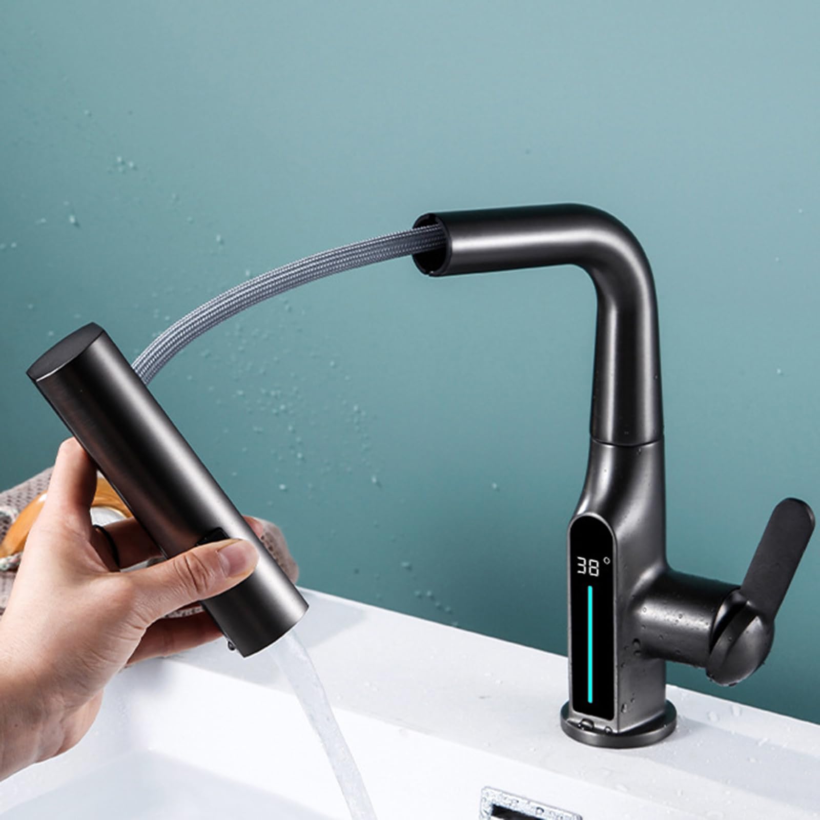 Generico Rubinetto da Bagno Rubinetto Miscelatore per Lavabo Cascata con Doccetta Estraibile Rubinetto Miscelatore Monocomando per Lavabo con Display Digitale Bianco