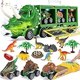 【Tragbar und Multifunktional】Die Dinosaurierspielzeuge sind aus strapazierfähigem Kunststoff, mit abgerundeten Ecken und ohne Grate, sicher für Kinder zum Spielen. Auf der Oberseite des Dinosaurier LKW befindet sich ein Griff, der bequem überall hin mitgenommen werden kann. Nach dem Spielen können Kinder 3 Dinosaurier Autos und anderes Zubehör in dem großen Lastwagen verstauen und so das Zimmer und den Boden aufgeräumt halten.