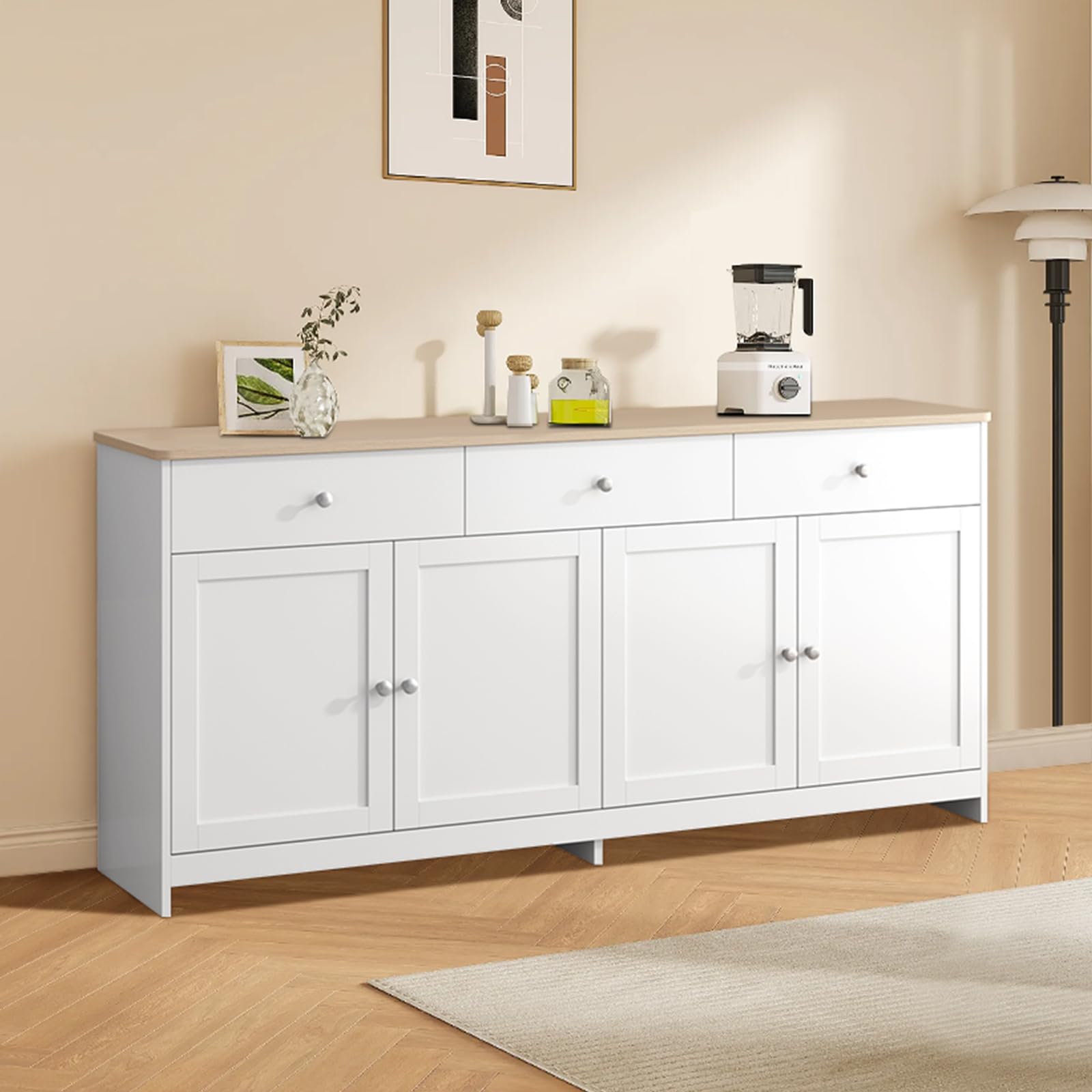 ADFUNIT Küchenschrank, Sideboard mit 3 Schubladen und 4 Türen, Buffetschrank mit Verstellbare Ablage, Küchenkommode für Wohnzimmer Küche Esszimmer, Natur & Weiß Küche, Haushalt & Wohnen