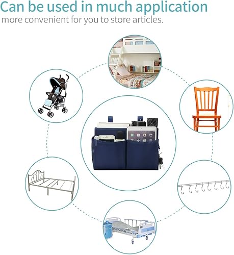 Miniatura 6 de Organizador de litera, organizador de cama colgante con 4 bolsillos y 2 ganchos, para dormitorios universitarios, cama, cama de hospital, rieles de