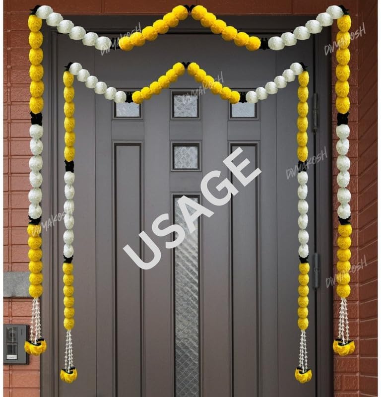 Divyakosh White and Yellow Marigold/Genda Flower Multipurpose Wall Hanging Pack of 4 Strings, Artificial Flower Latkan for Temple, Festival-Diwali/Ganpati Pooja Door Decor - 5 Feet, White_Yellow -4