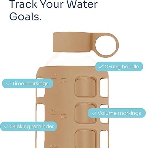 Miniatura 3 de purifyou Botellas de agua de vidrio de 40322212 onzas con marcas de tiempo y volumen y funda de silicona extra gruesa, botella reutilizable para