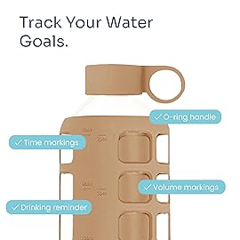 purifyou 40oz / 32oz / 22oz / 12oz Borosilicate Glass Water Bottle with Time & Volume Markers, Silicone Sleeve, Stainless Steel Lid | Reusable Glass Bottle for Water & Juice (32oz Iced Coffee)