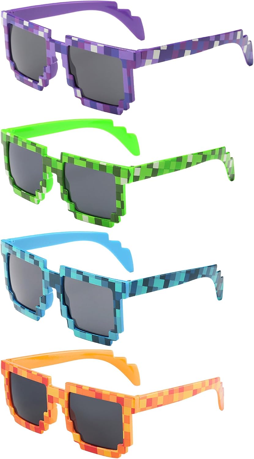 kilofly 4pc 8-Bit Pixel UV Protect Gamer Sunglasses Adult Kids Party Favors