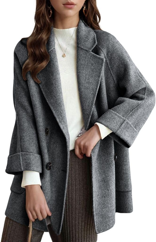 chouyatou Women's Casual Notch Lapel Double Breasted Warm Shacket Jacket Wool Coat