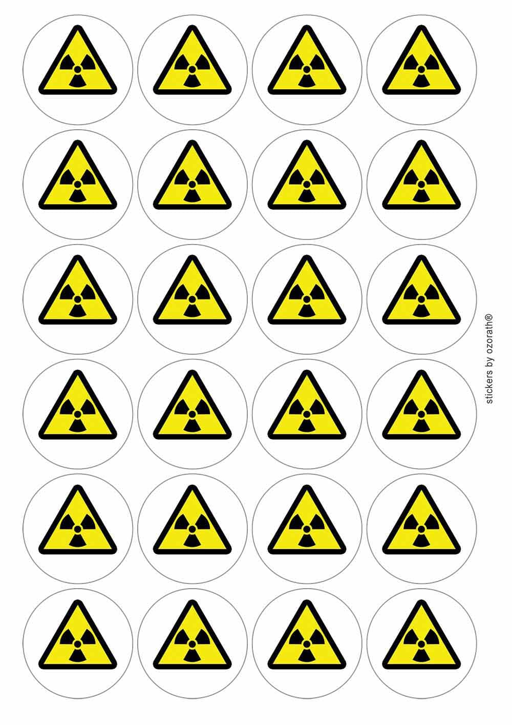 Ozorath Multicolor Radioactive Hazard Science Symbol Circular Matt Paper Stickers A4 Sheet Of 24 (Each Sticker Is 45Mm Diameter)