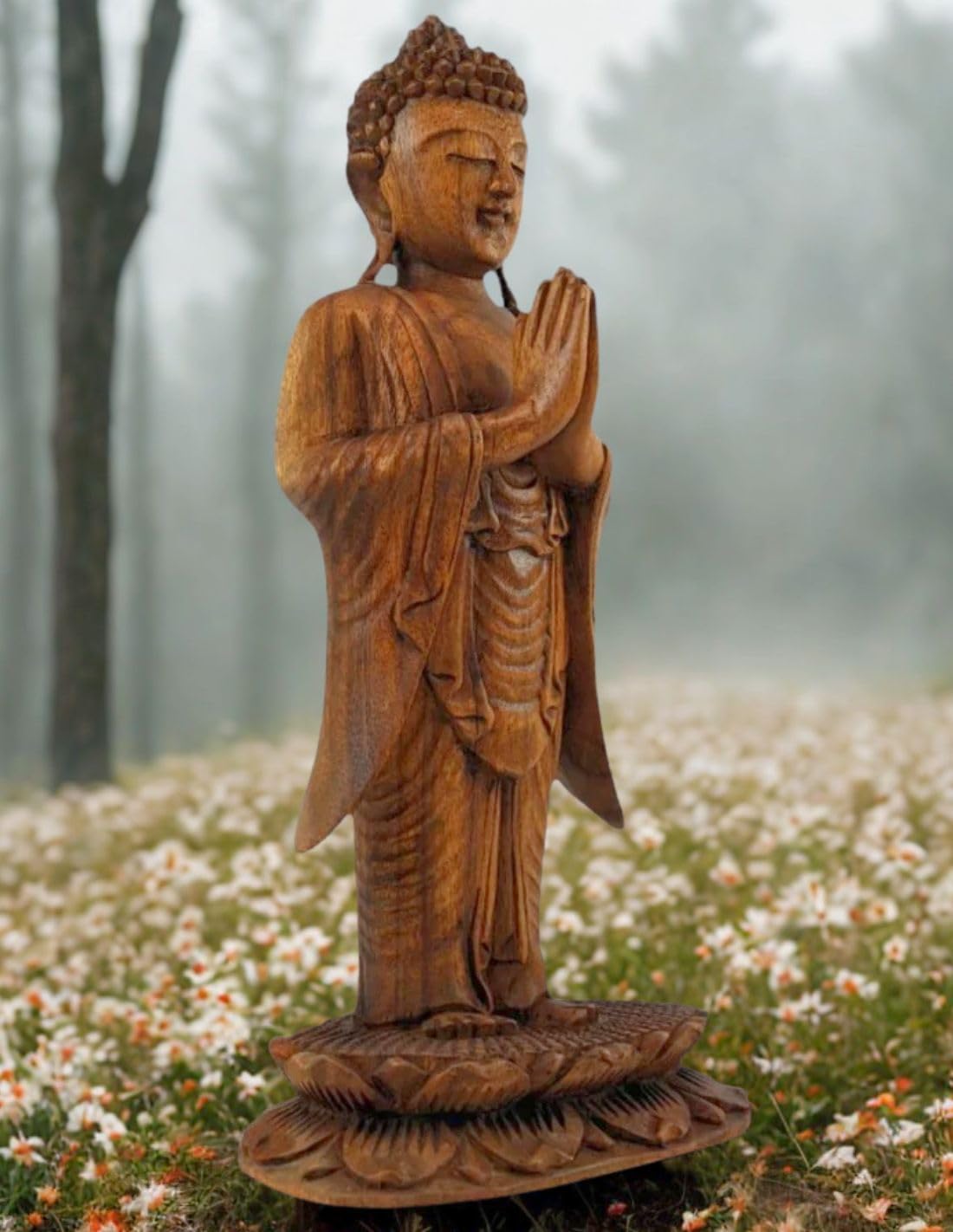 Coco Papaya Statue de Bouddha Debout 40cm en Bois sculpté | Création Faite à la Main à Bali
