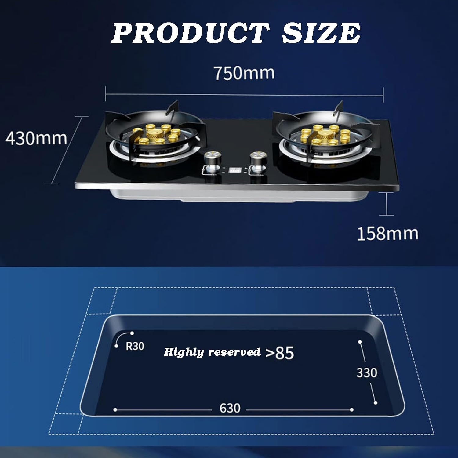2 Burners Gas Hob,5.2kw 9-Cavity High-fire Frying Pan,Tempered Glass Countertop,Dual-Side Independent Timer,with Flameout Protection,NG/LPG Gas Source Kit(LPG)
