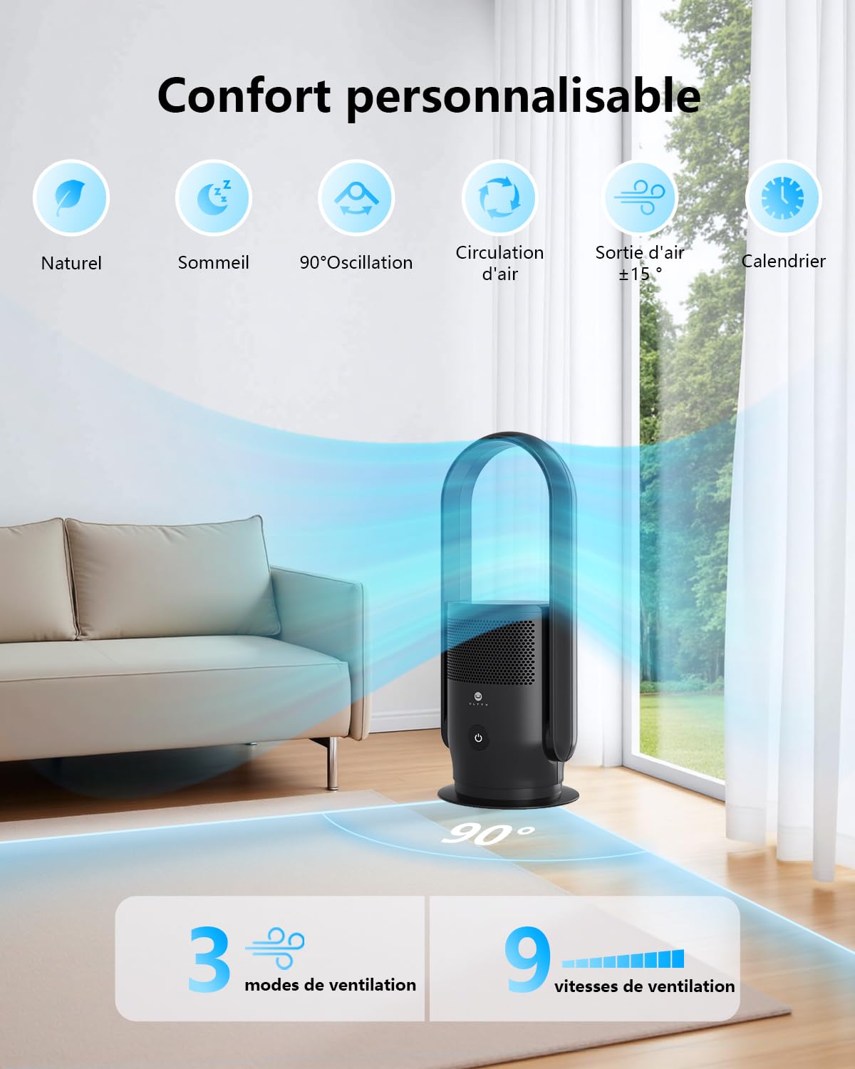 Ventilateur Tour Sans Pales, ULTTY Ventilateur avec Purificateur D'air Silencieux Avec H13 HEPA Filtre Télécommande, Hauteur 60 cm, Tower Fan pour Chambre à Coucher, Bureau, CR021 Noir