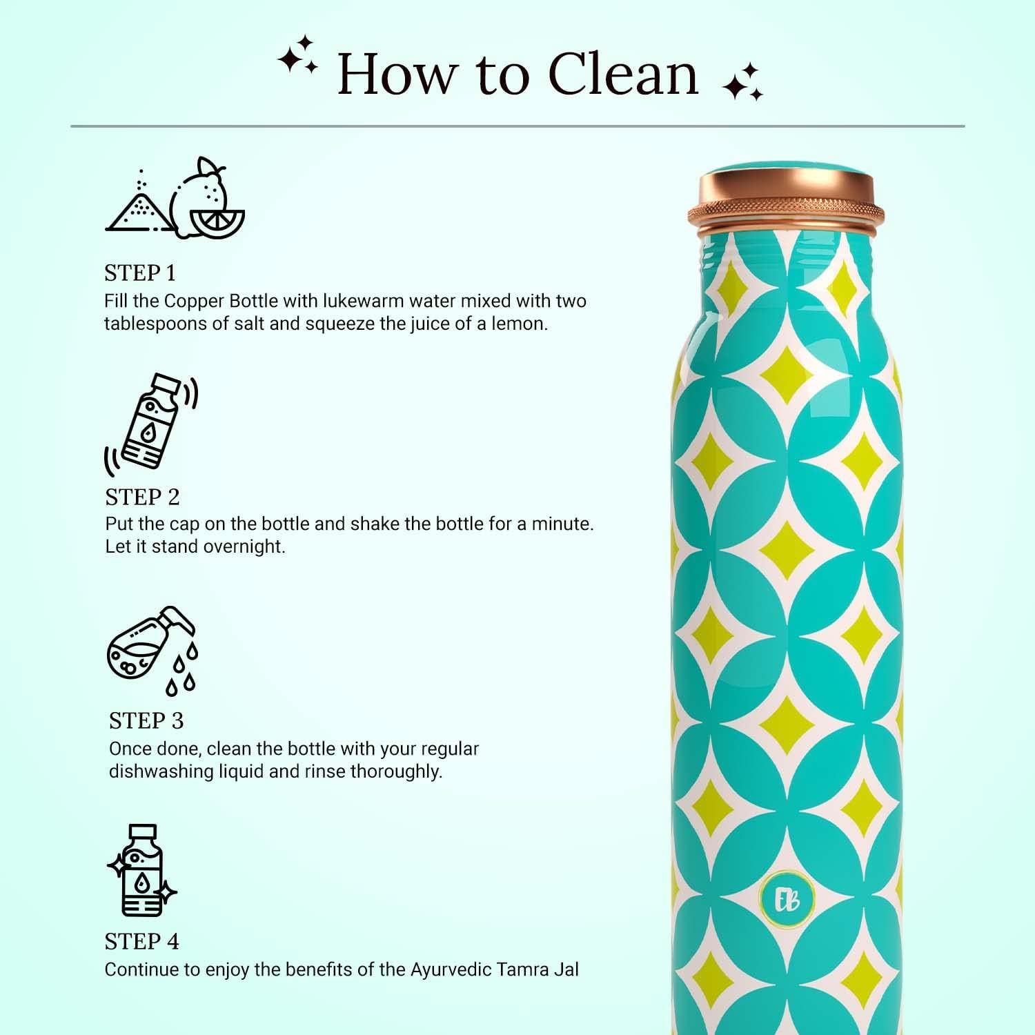 EB-Everything Beautiful Pure Copper Water Bottle For Drinking with Cups Set in Printed Aqua Batik Geometric Design for Him and Her by ebstore