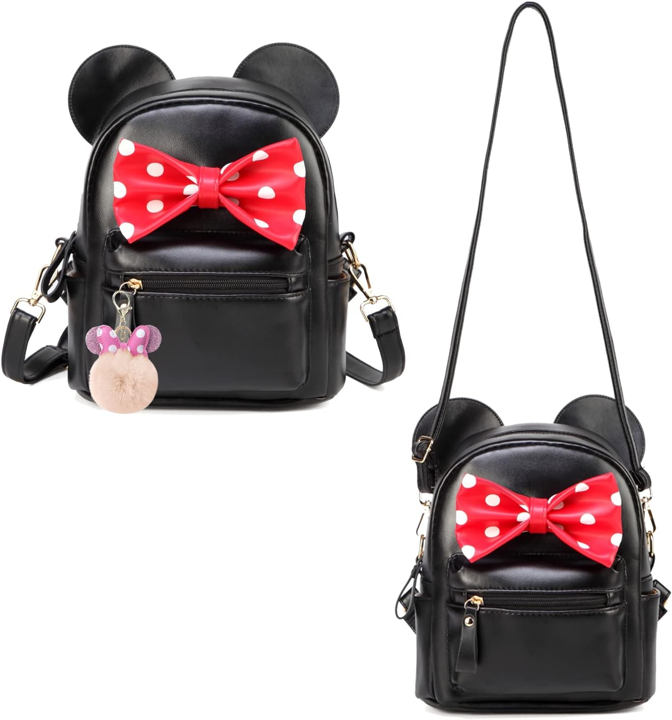 Sunwel Fashion Girls Mini Backpack Purse Mouse Ear Polka-dot Sequin Bow Convertible Backpack to Crossbody Bag for Women (black polkadot bow, W8.7 x H10)