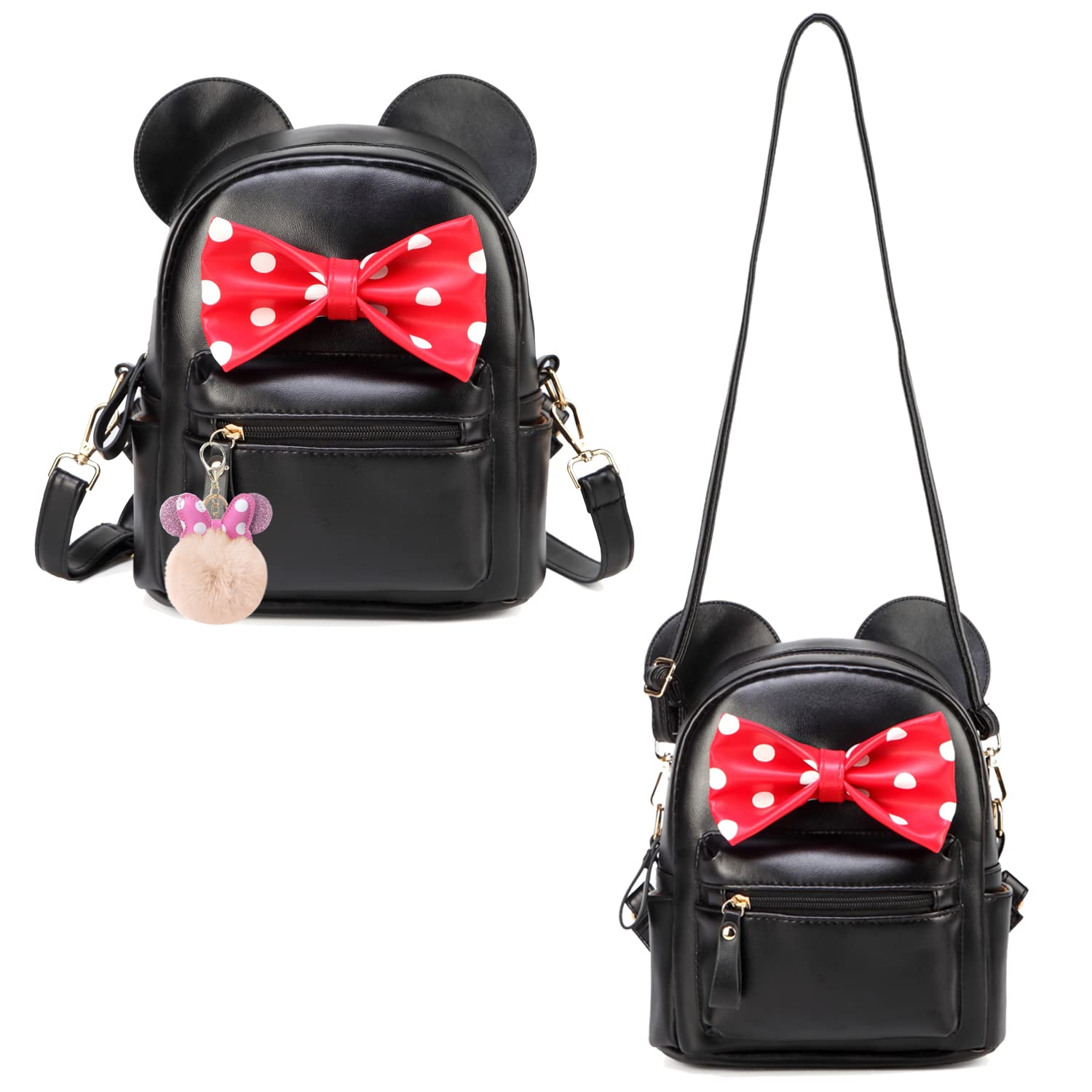 Sunwel Fashion Girls Mini Backpack Purse Mouse Ear Polka-dot Sequin Bow Convertible Backpack to Crossbody Bag for Women (black polkadot bow, W8.7 x