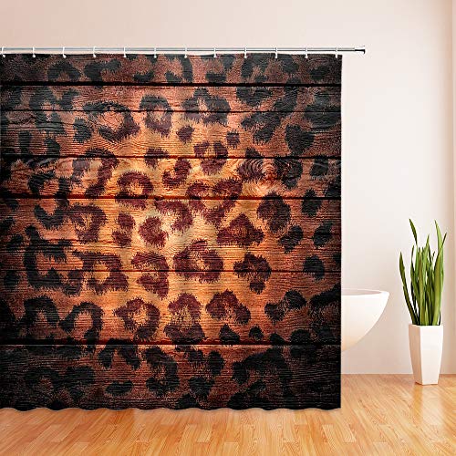 Brown Leopard Print Shower Curtain Vintage Wild Mix Safari Animal Cheetah Rustic Wooden Board Skin Pattern Of A Powerful Panthera Big Cat Retro Farmhouse Fabric Bathroom Curtain Set With Hooks #TOP1