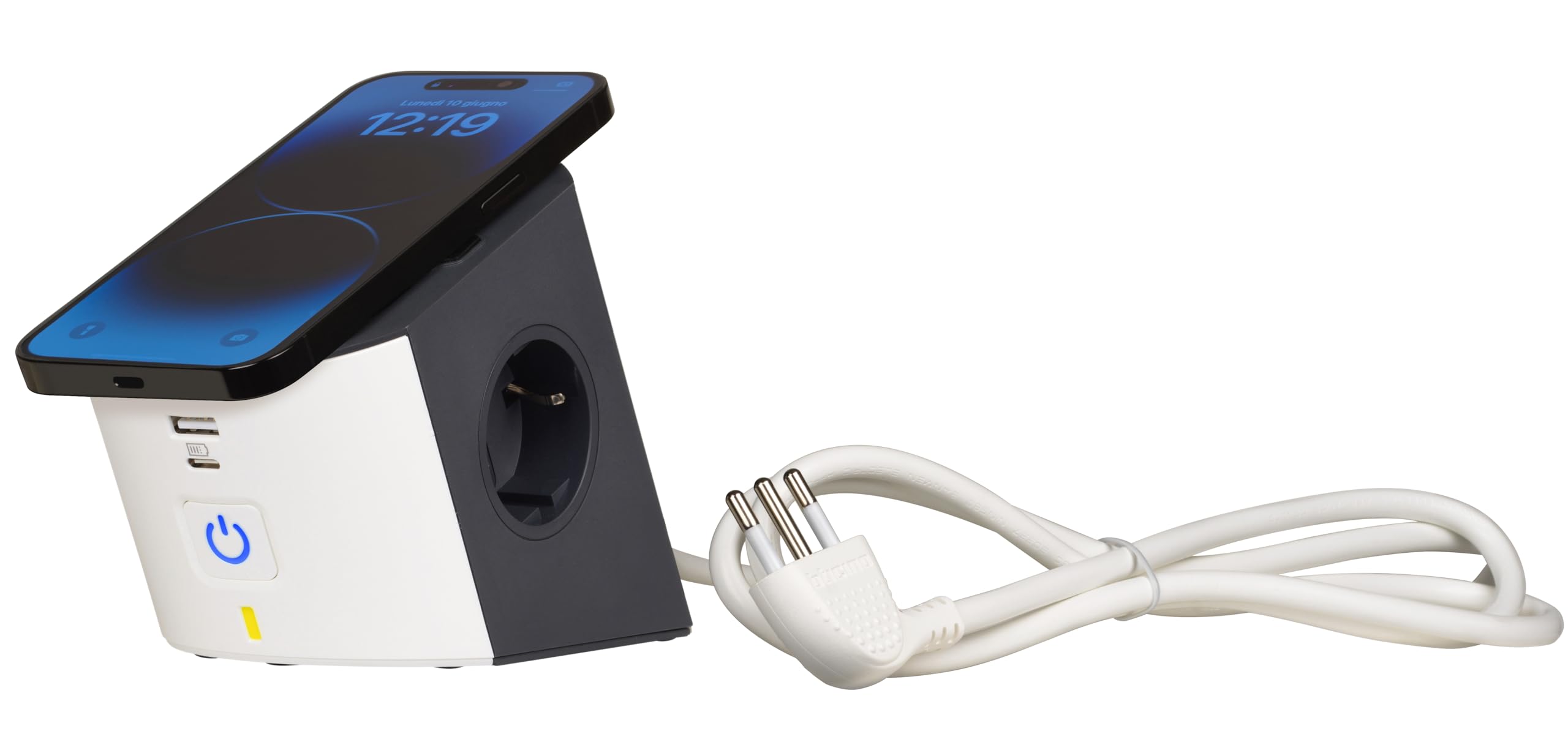 BTICINO Regleta Desktop S3714DBUW, regleta eléctrica de 5 plazas, Cargador inalámbrico 15 W, Tomas USB A+C, 2 Tomas Schuko, regleta eléctrica con Interruptor y LED, Enchufe pequeño 10 A, Cable 2