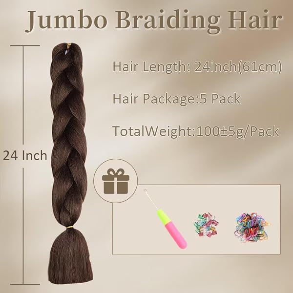 Showjarlly Meches Treccia Capelli,24"Riaggiunta Meches Treccia Capelli,5 Pacchetti Meches Per Trecce Africana, Estensione dei capelli in fibra sintetica per uncinetto Twist (cioccolato - 2