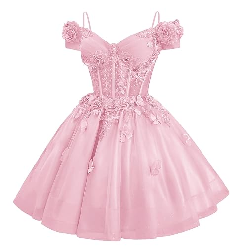 Sparkly Tulle Homecoming Dresses with 3D Flowers Sweetheart Short Prom Dress A-Line Wedding Guest Dresses for Teens - Pink - 6