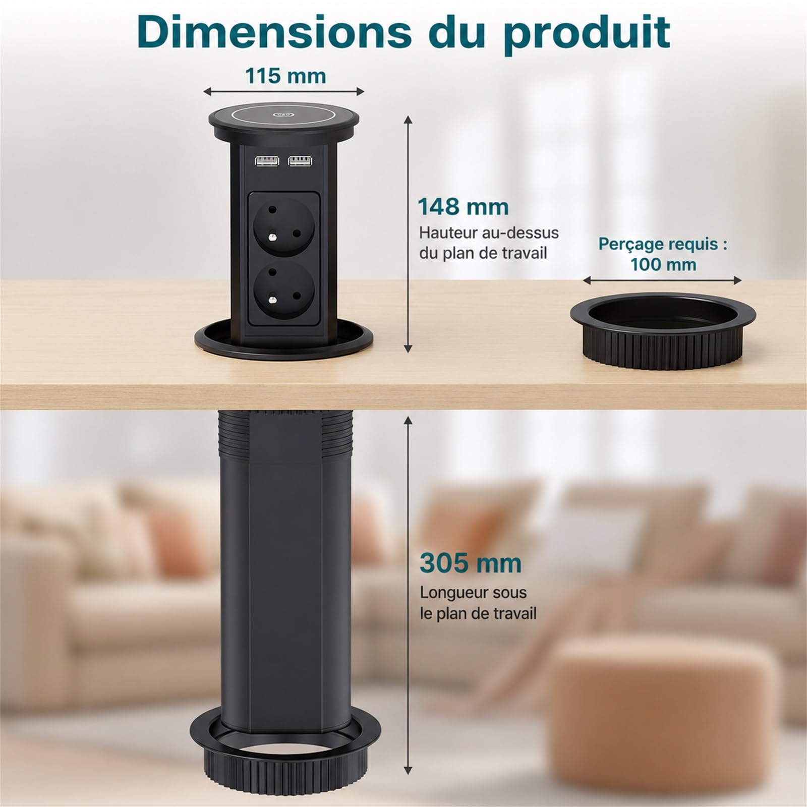 Bloc Prise Encastrable Automatique, Dinolink Multiprise Escamotable avec 4 Prises, 2 USB C(PD 20W), 2 USB A(18W), Chargeur sans Fil 10W, Câble de 2M, Ø 100MM, pour Bureau, Cuisine