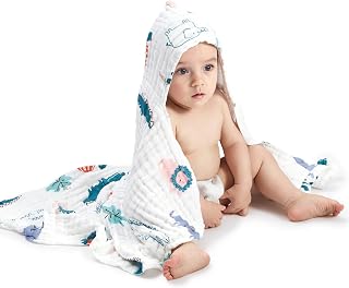 bc babycare Baby Bath Towel,100% Cotton Muslin Baby Hooded Towels, Baby Towels for Newborn Infant Bath Towels, Super Absorbent Hooded Baby Towels for Boys Girls, 37.4 * 37.4 Inch