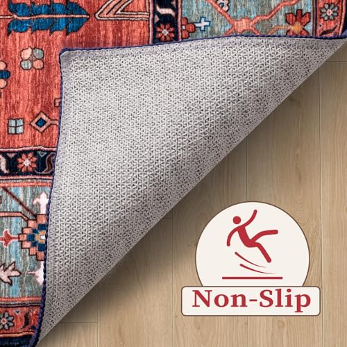 SERISSA Washable Rugs 8x10 Area Rugs, Large Non-Slip Boho Living Room Rust Rug, Ultra Soft Vintage Print Distressed Oriental Tribal Farmhouse Carpet for Dining Room Bedroom Dorm Office Home Decor