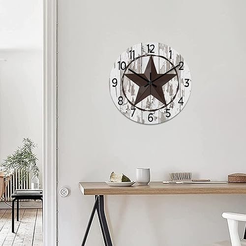 Miniatura 5 de Reloj de pared redondo de estilo clásico con estrella de Texas occidental, reloj de madera, silencioso, sin tictac, funciona con pilas, fácil de
