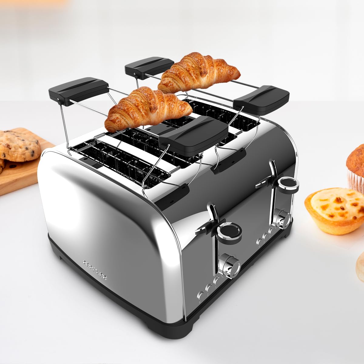 Cecotec Toster Pionowy 4 Gniazda Krótkie Toastin' time 1700 Double Inox. 1700 W, 4 kromki chleba, szerokie gniazdo 3,8 cm, 2 stojaki na bułki i tacę do zbierania, stal nierdzewna