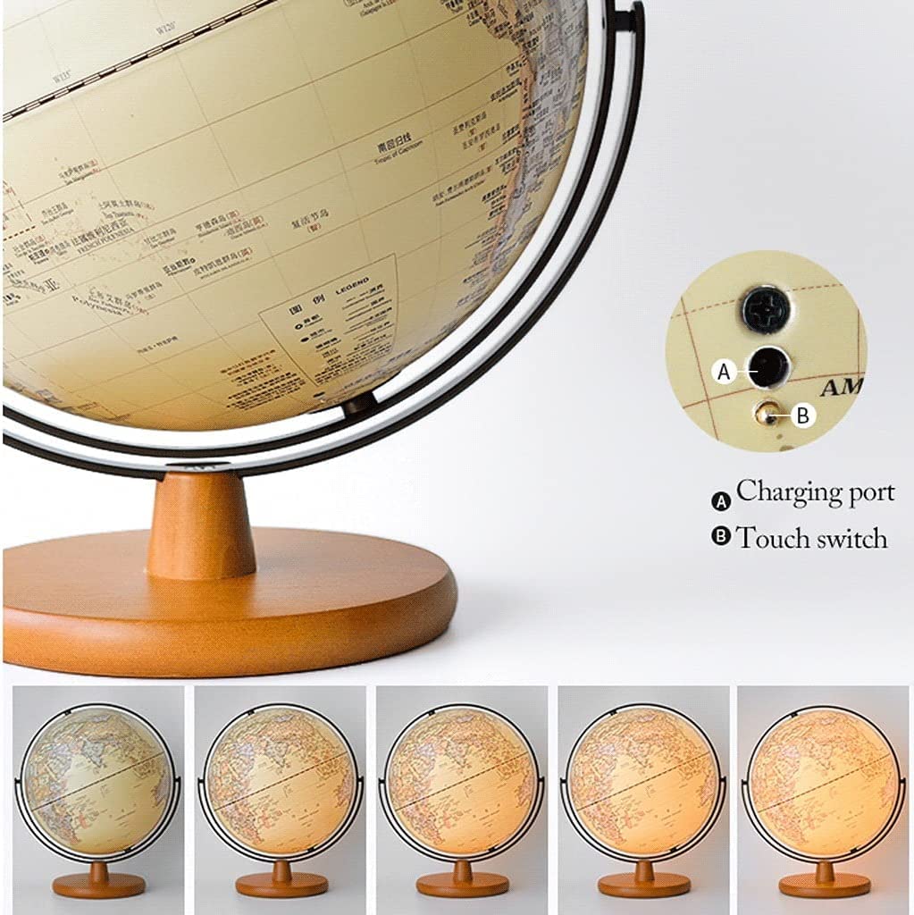 Globi Geografici Mappamondo Mondiale Illuminato Classico dell'ultima Versione con Supporto in Legno 2 in 1 Mappamondo Grande geografico Mappamondo Antico da Tavolo 30 cm Home Decor