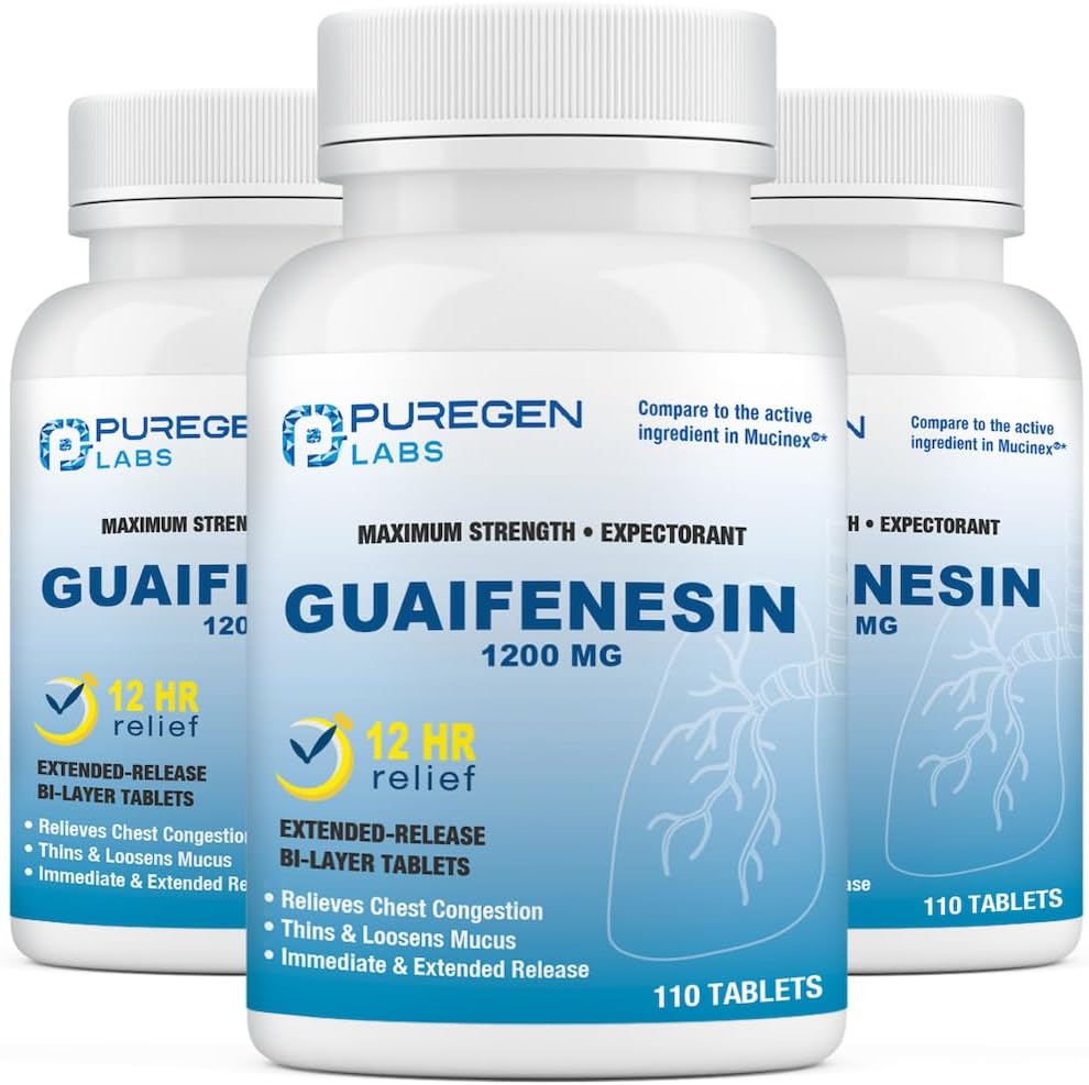 Puregen Labs Mucus Relief 12 Hour Extended Release Guaifenesin 1200mg Maximum Strength | Total 330 Tablets | Relief from Cough, Cold, Nasal & Chest Congestion | Expectorant | Extended Release