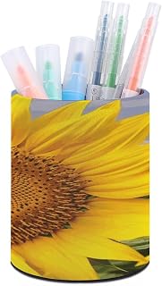 Golden Yellow Sunflower Round PU Leather Pen Holder Cup | Large Capacity Pencil Holder, Desk Organizer, Fashion Pencil Cup, Makeup Brush Holder, Desk Accessories for Home Office 3"x4"