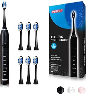 Ultrasonic Electric Toothbrushfor Adults, 6 Brush Heads, 5 Modes Electric Toothbrush, Travel Rechargeable Power Toothbrush with Smart Timer & Soft Picks, IPX7 Waterproof, Black
